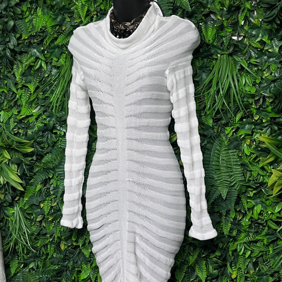 White Sheer Dress Small Knit Maxi Long Sleeve Ribbed Bodycon 3684 - Picture 4 of 7